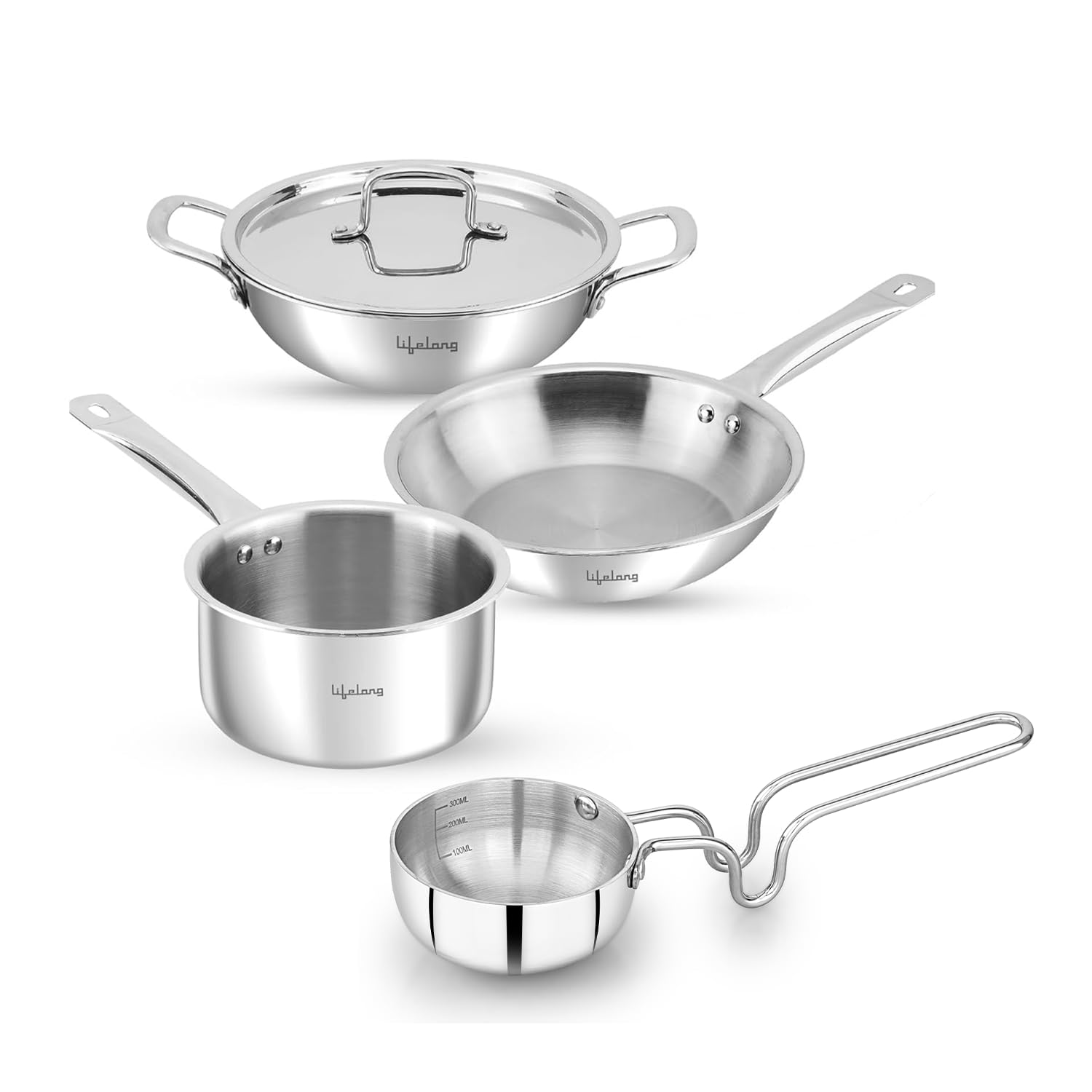 Triply 5 piece cookware set|Triply Kadai, Frypan, Saucepan & Tadka Pan for Cooking | 20cm Kadai (1.7L)& Fry Pan (1.2L) 20cm| 14cm Saucepan (1.2L) & Tadka Pan 10 Cm with Common Lid (LLTPDK009)|Induction and Gas Stove Compatible