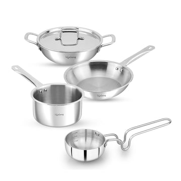 Triply 5 piece cookware set|Triply Kadai, Frypan, Saucepan & Tadka Pan for Cooking | 20cm Kadai (1.7L)& Fry Pan (1.2L) 20cm| 14cm Saucepan (1.2L) & Tadka Pan 10 Cm with Common Lid (LLTPDK009)|Induction and Gas Stove Compatible