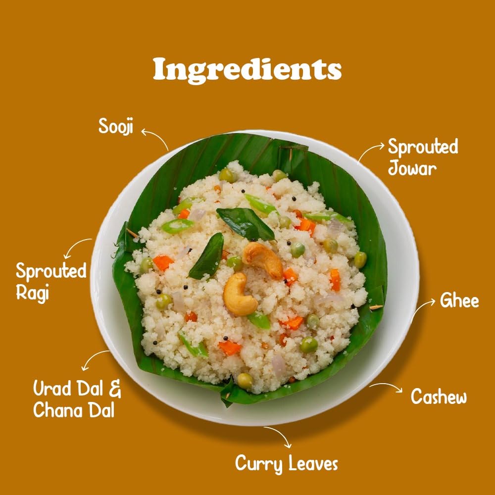 Sprouted Millet Instant Ghee Upma Mix - No Palm Oil, Trans Fat & Maida - Made with Jawar, Ragi and Suji/Rawa, Ghee & Cashew - Multigrain Protein Breakfast Healthy Snack - Pack of 6 (60g each)