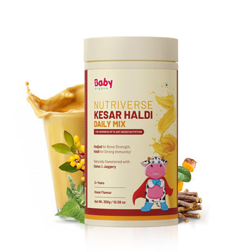Nutriverse Kesar Haldi Milk Mix for 2+ Year Kids | No Refine Sugar | Supports Healthy Growth & Development | 15+ Ayurvedic Herbs Hadjod, Haldi and Anantmool | High Protein & Vitamins | Kesar Flavor - 300gm