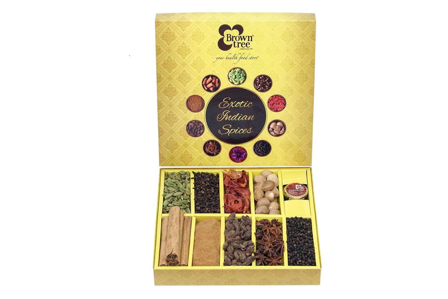 Spice Gift Pack-270.5g| Indian Spice Collection | Premium Assorted Indian Spices – Saffron, Cloves, Cinnamon, Cardamom, Black Pepper, Cinnamon Powder, Anasi Pu, Cardamom Black | Ideal Festive Gift Set| Masala Box For Kitchen