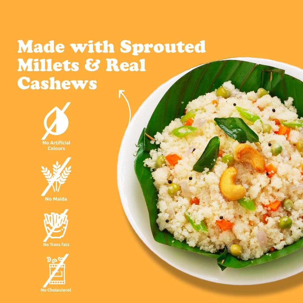Sprouted Millet Instant Ghee Upma Mix - No Palm Oil, Trans Fat & Maida - Made with Jawar, Ragi and Suji/Rawa, Ghee & Cashew - Multigrain Protein Breakfast Healthy Snack - Pack of 6 (60g each)