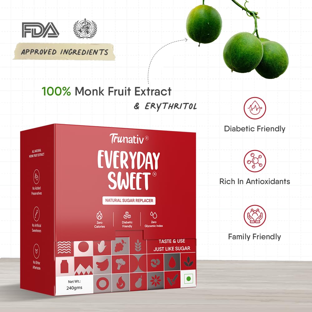 Monkfruit Sweetener Powder | Zero-Calorie Sugar Substitute | 1:1 Sugar Replacer for Cooking & Baking | Keto & Diabetic Friendly | 60 Sachets-240g (Pack of 1)