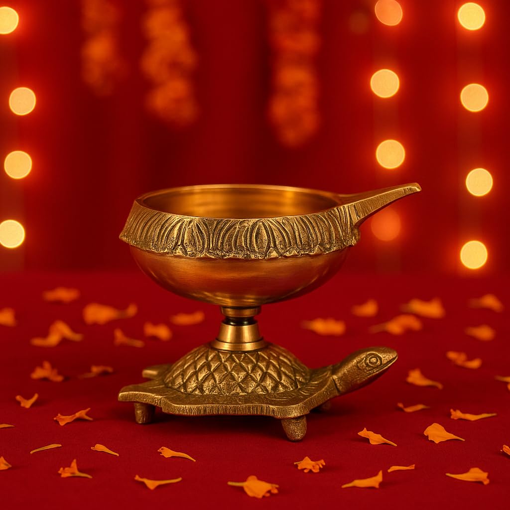 Brass Diya Oil Puja Lamp Engraved Design Dia with Turtle Base for Home Temple Pooja Articles Decor Gifts (1Pcs).