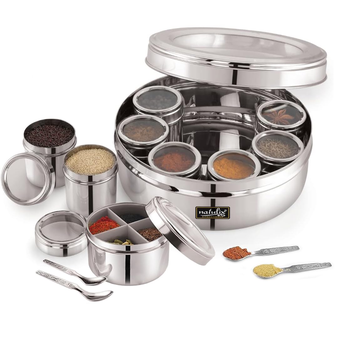 Stainless Steel 12 IN 1 Masala Box for Kitchen | Spice Box for Kitchen | Masala Container | Masala Dabba with individual See through lid 4 Spoons | Silver (2.5 Ltr | X-Large | 22.5cm)