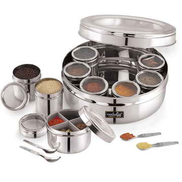 Stainless Steel 12 IN 1 Masala Box for Kitchen | Spice Box for Kitchen | Masala Container | Masala Dabba with individual See through lid 4 Spoons | Silver (2.5 Ltr | X-Large | 22.5cm)