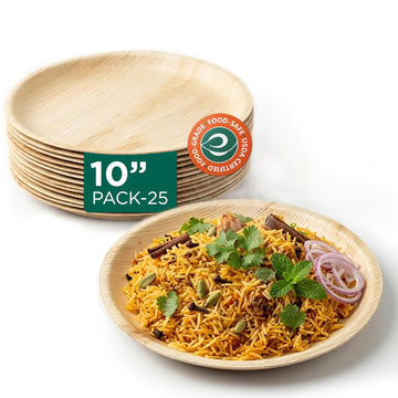 [10 inch, 25-Pack Areca Palm Leaf Round Plates | Disposable Big Size Pooja Plates Eco-Friendly Biodegradable Like Bamboo Wood Plates | Party, Wedding, Event Plates (25 cm)
