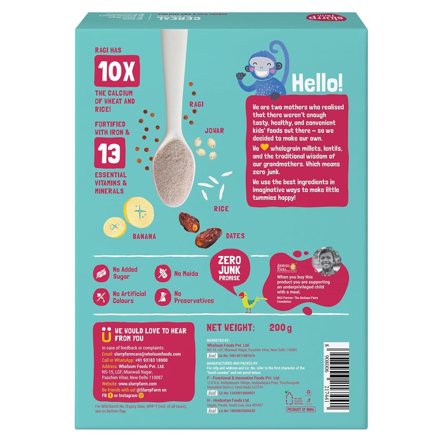Mildly Sweetened with Date Powder, No Added Sugar Instant Cereal | Ragi, Rice and Banana with Milk
