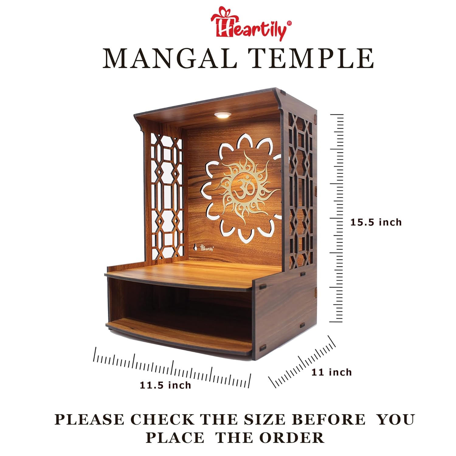Mangal Beautiful Wooden Pooja Stand for Home, Temple, Office, Wall Mounted Puja Mandir with LED Spot Light, Size (H- 15.5, L- 11.5, W-11 Inch)