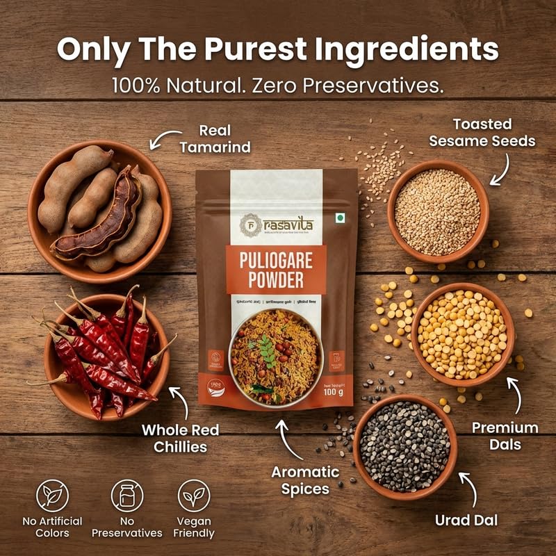 Puliyogare Powder | Tamarind Rice Masala | South Indian Spice Mix | Natural Ingredients | No Preservatives, No Artificial Colours | 100g Pack Of 3 FBA