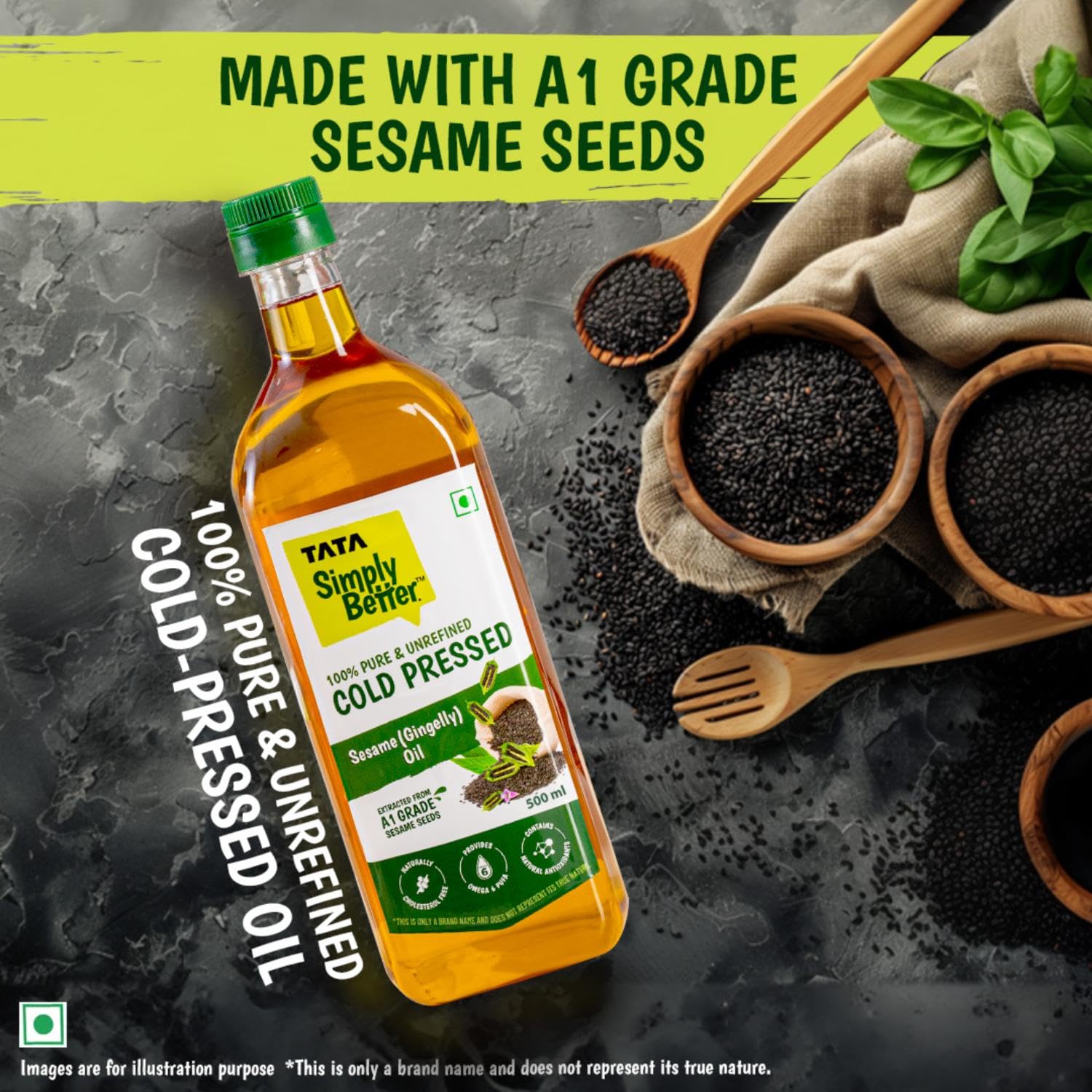 Tata Simply Better Pure & Unrefined Cold Pressed Sesame(Gingelly)Oil,Naturally Cholesterol Free,500ml,Sesame Oil with Rich Aroma & Flavour of Real SesameSeeds,For Daily Cooking with Multipurpose Usage
