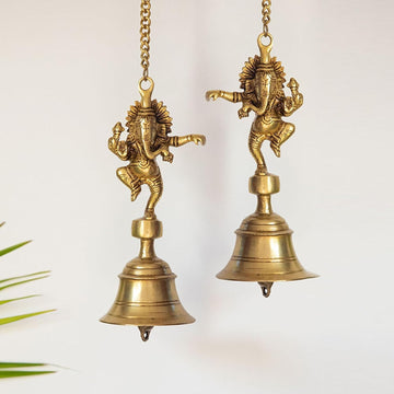 'Dancing Ganpati' Pure Brass Hanging Bells for Pooja Room (Set of 2, 3.4 x 3.4 x 9.3 Inch, 2.5 Kg) | Brass Bells for Mandir Temple Bell Hanging Temple Bells for Home Decoration
