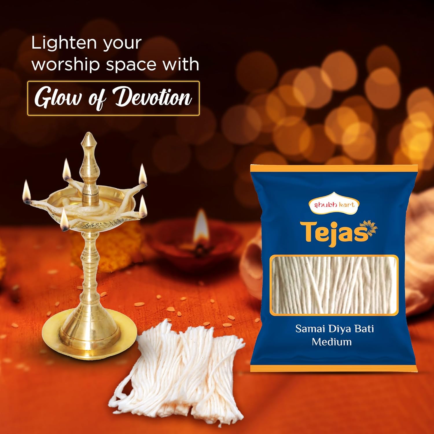 Tejas Samai Diya bati-Medium Length (Pack of 7) 100% Pure & Natural Long HandmadeCotton Long Tip Wicks|Ghee WickJyot Batti for Puja Arti & Traditional Rituals - 700 Bati 8.5 Cm Long | Diwali