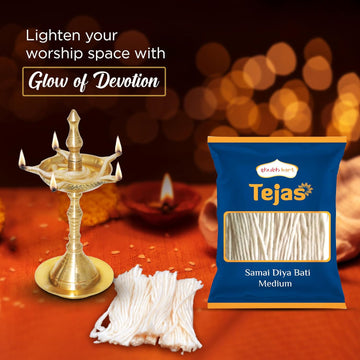 Tejas Samai Diya bati-Medium Length (Pack of 7) 100% Pure & Natural Long HandmadeCotton Long Tip Wicks|Ghee WickJyot Batti for Puja Arti & Traditional Rituals - 700 Bati 8.5 Cm Long | Diwali