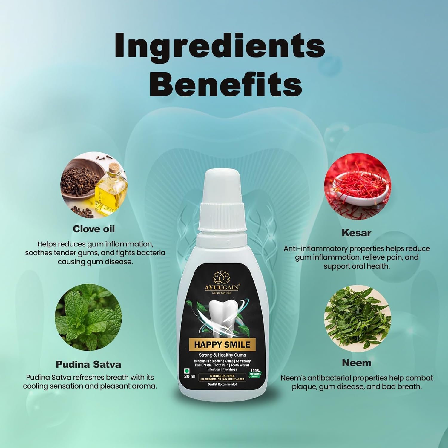 Happy Smile Gum Paint 30ml | Ayurvedic Oral Care for Strong Teeth & Healthy Gums | With Clove Oil (Laung), Pudina Satva | Supports Fresh Breath, Gum Care & Daily Oral Hygiene