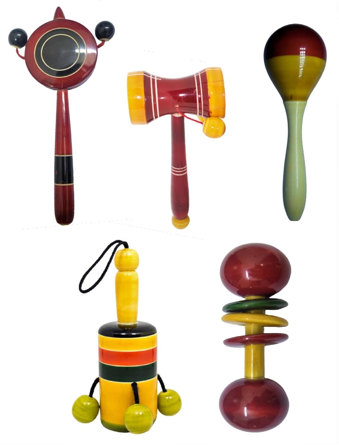 Wooden Baby Rattles Combo Pack Set of 6, Non Toxic Channapatna Toys - Baby Musical Toys, Teether, Natural Colours, Loud Sound for New Born, Baby, Infants.