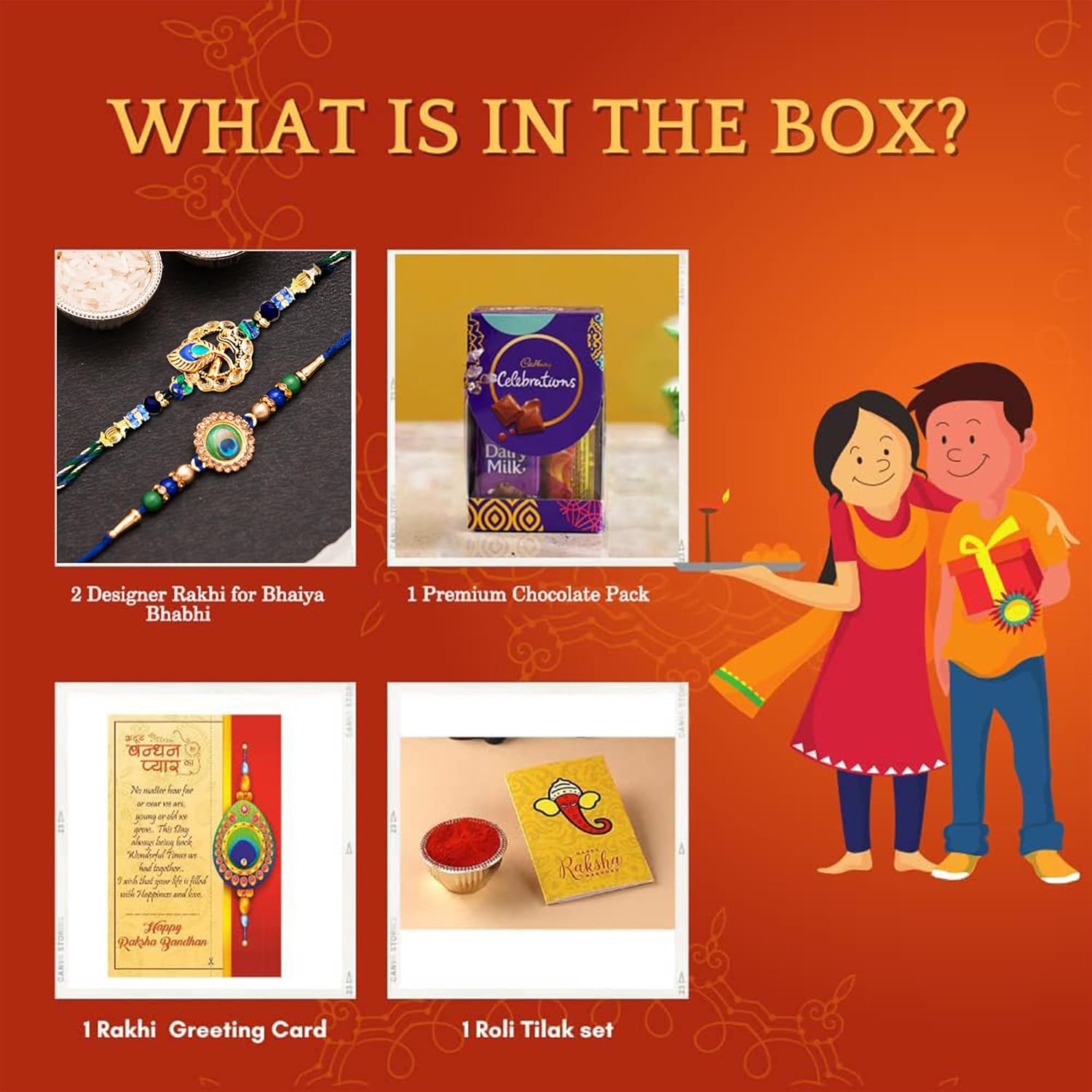 Rakhi Gift for Brother with Chocolate Combo | Designer Rakhi Set of 2 | Pooja Coin | Cadbury Chololate Pack | Rakhi with Gift for Men Boy Bhaiya Bhabhi Girls Kids