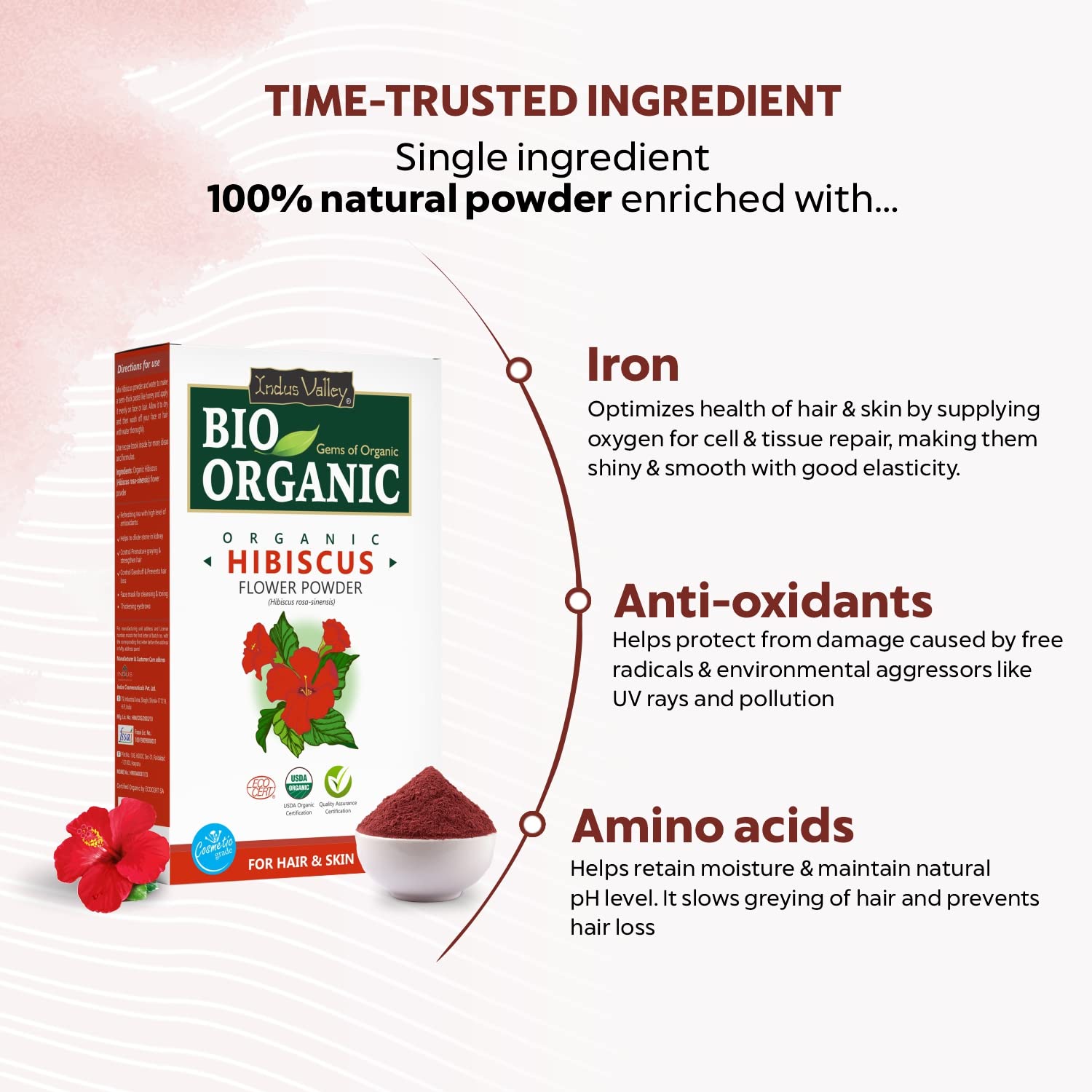 Bio Organic Hibiscus Flower Powder for Face Pack and Hair Mask, Natural Pure Hibiscus Rosa-Sinensis Hair & Skin Care, Gudhal Ka Phool Powder For Dull Hair & Dry Scalp (100g)