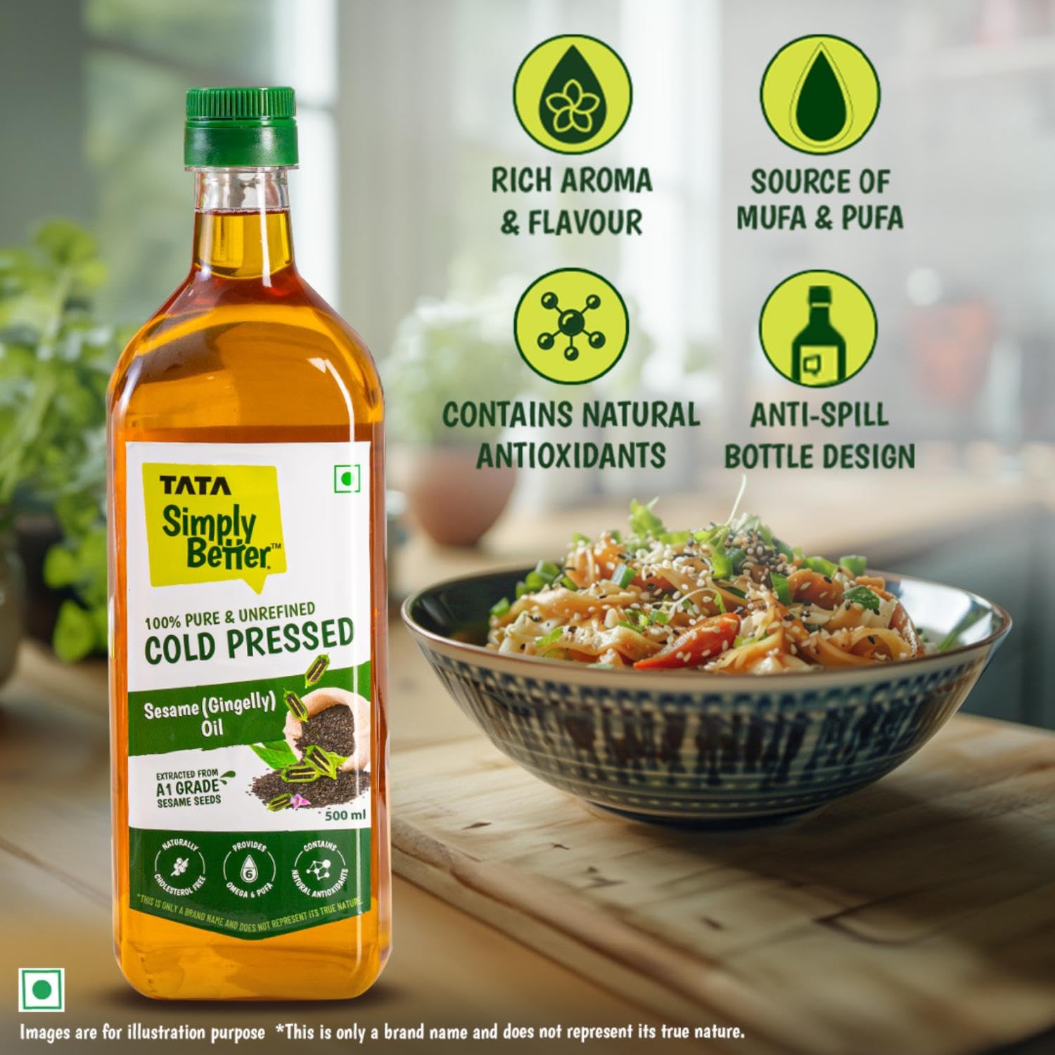 Tata Simply Better Pure & Unrefined Cold Pressed Sesame(Gingelly)Oil,Naturally Cholesterol Free,500ml,Sesame Oil with Rich Aroma & Flavour of Real SesameSeeds,For Daily Cooking with Multipurpose Usage