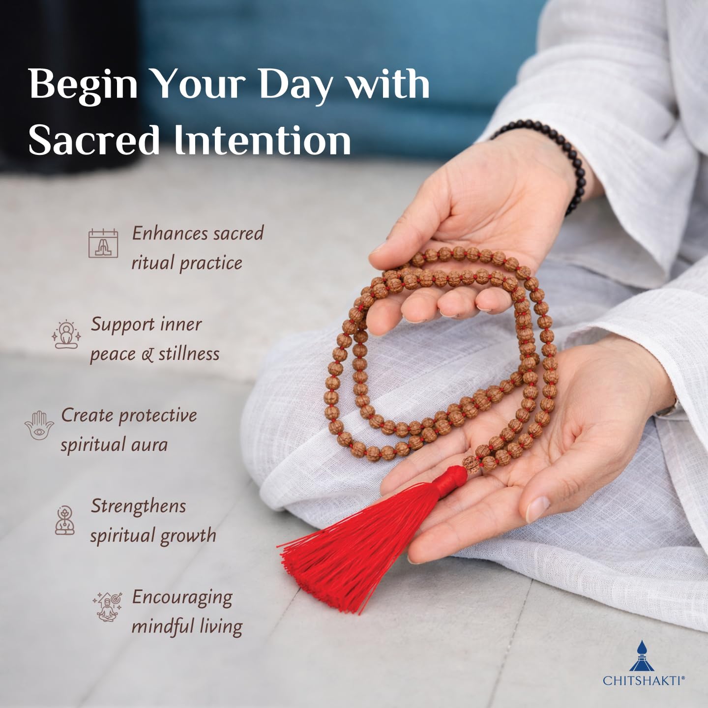 Rudraksha mala 108 +1 Beads Original | Sacred 108 + 1 Rudraksha Meditation Mala | Natural 8.5 mm Beads with 12 mm Guru Bead | Traditional Hand-Knotted Japa Mala with Red Tassel | Red