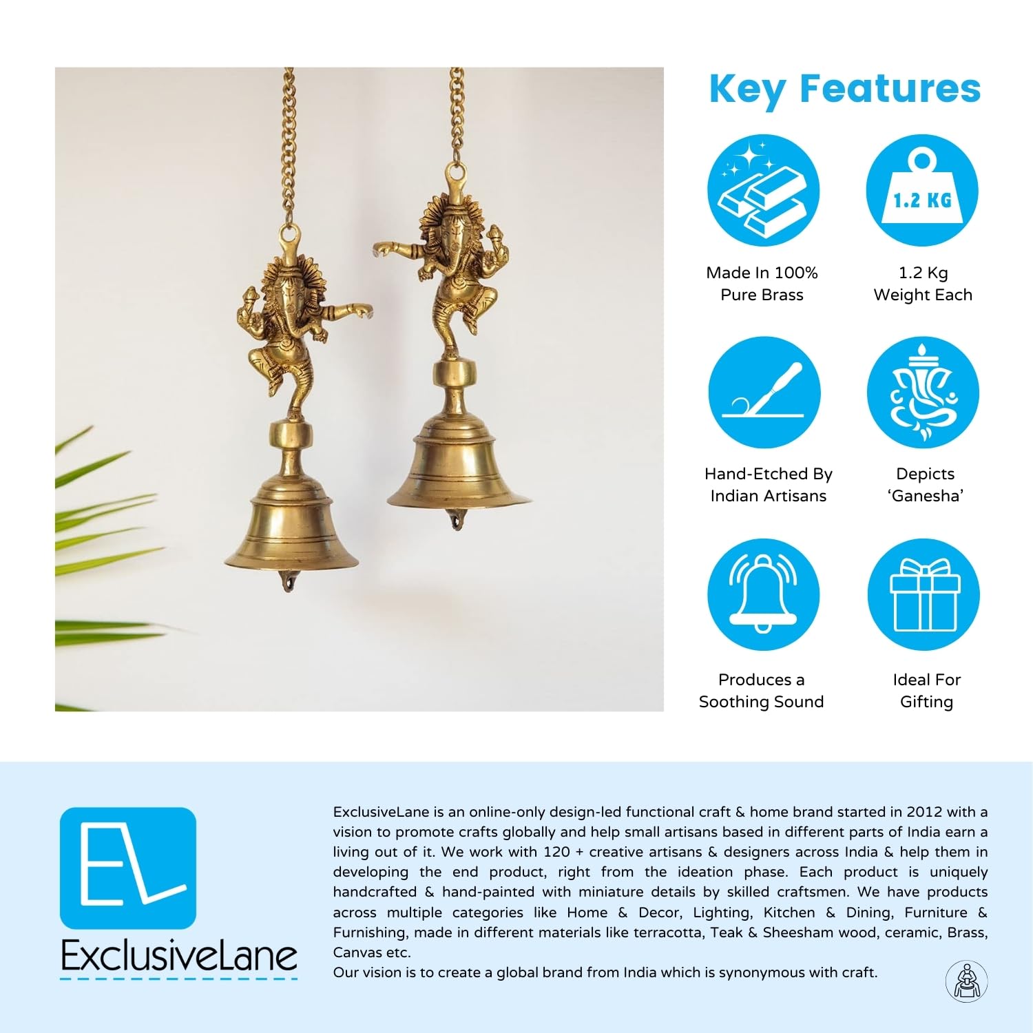 'Dancing Ganpati' Pure Brass Hanging Bells for Pooja Room (Set of 2, 3.4 x 3.4 x 9.3 Inch, 2.5 Kg) | Brass Bells for Mandir Temple Bell Hanging Temple Bells for Home Decoration