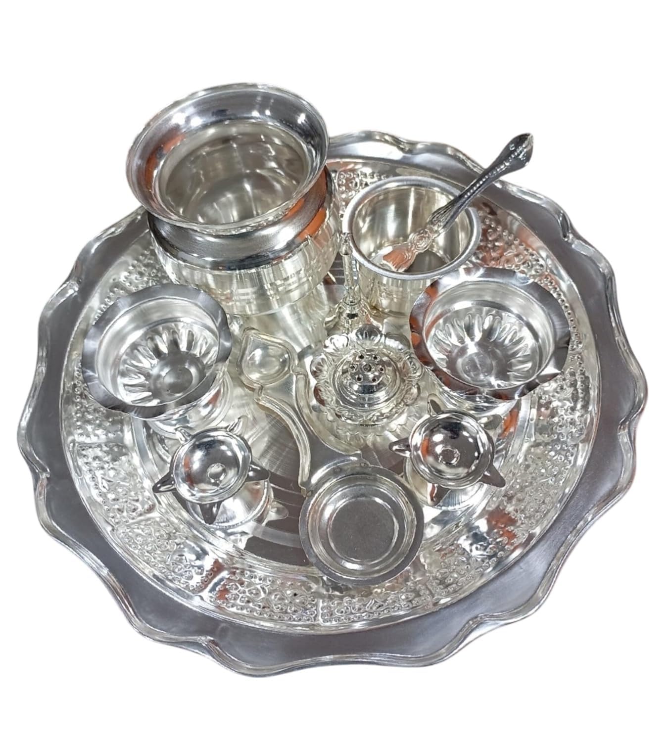 Silver Plated Pooja Thali Arthi Set for Home & Temple Pooja Festivals K4578