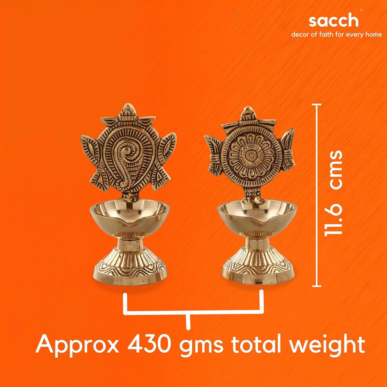 Brass Shankh & Chakra Diya Set for Pooja | Traditional Oil Lamps (Set of 2), 430gms, 11cms Height, Gold Finish.