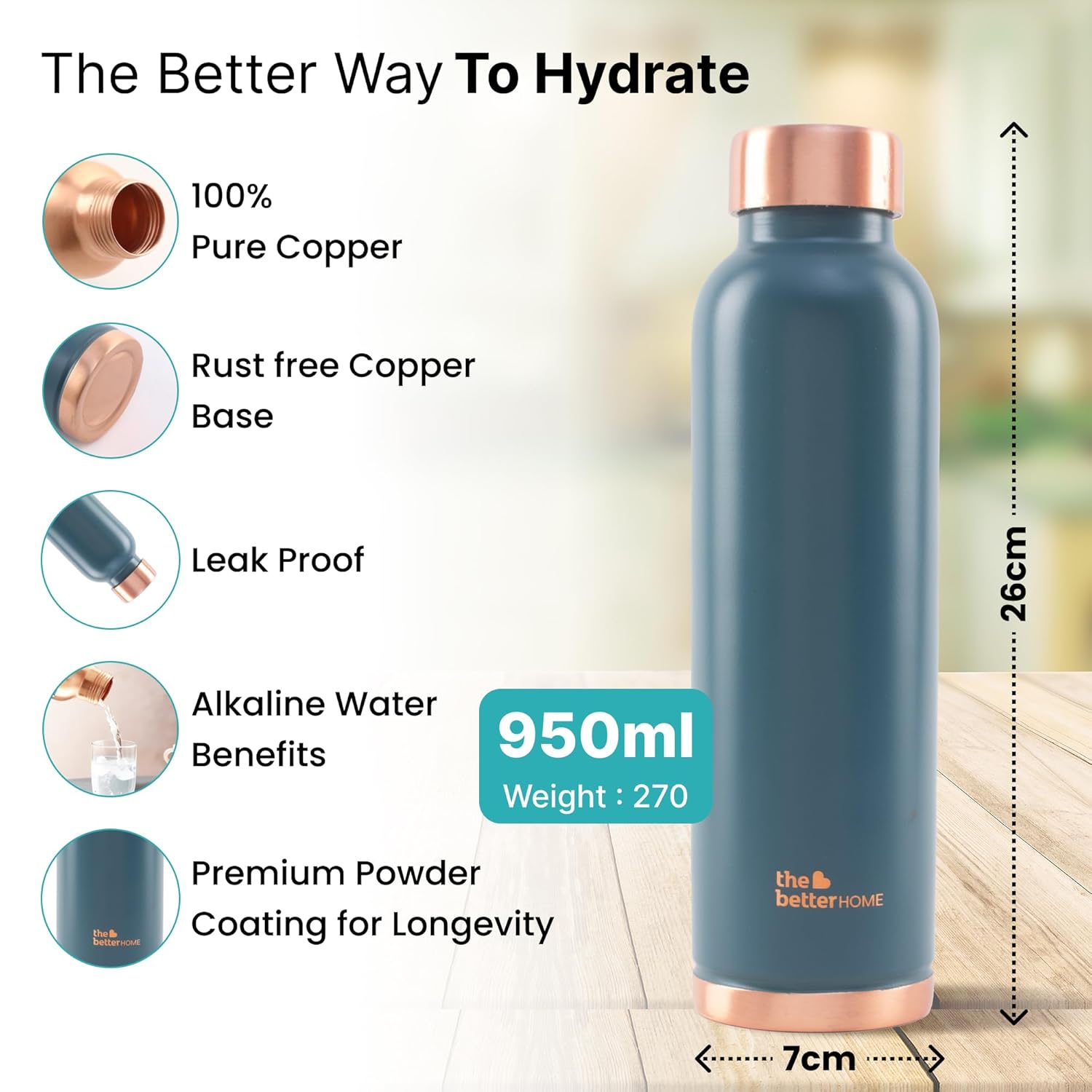 Copper Water Bottle | Copper Water Bottle 950ml | With Anti Oxidant Properities | Provides Health Benefits | Pure Tamba | Teal