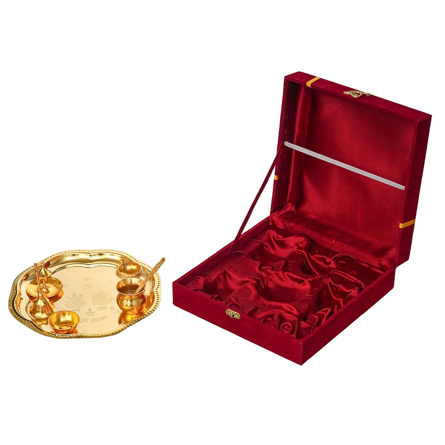 Premium Pooja Thali Set with Red Velvet Gift Box |7 Pieces Pooja Thali Set|Diwali, Wedding Return Gifts & Housewarming Gift Set,Ghanti Puja Arti Thali for Home Office Mandir (Gold)