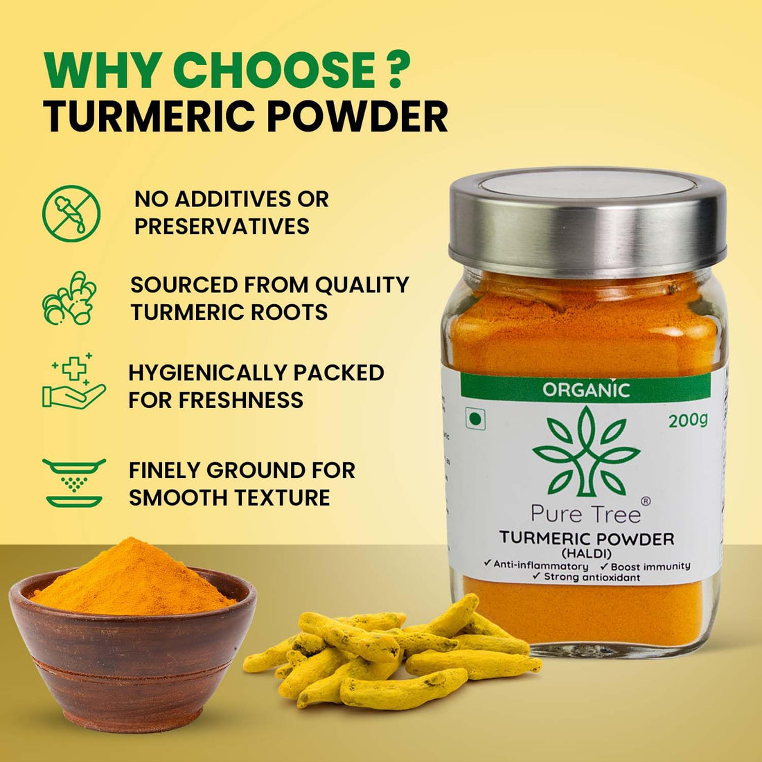 Tree Certified Organic Haldi Powder | 200 g | Glass Jar | Turmeric Powder | Spice Masala Powder Raw for Milk | Strong Antioxidant
