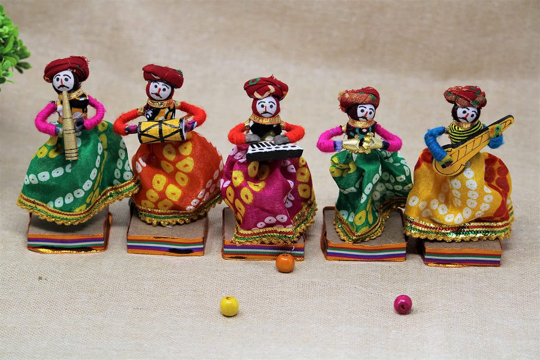 Recycled Material Rajasthani Home Decor Items Musician Bawla Puppets Idol Show Pieces for Home Decor 11 X 28 Cm Multicolor, 5 Pieces (Male Puppets)