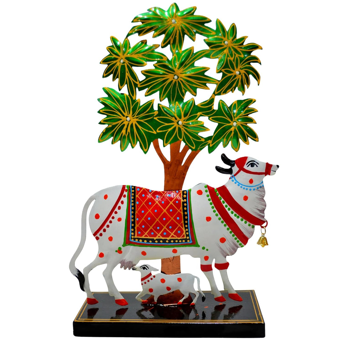 Kamdhenu Cow with Calf Idol for Home Decoration Items for Living Room, Tealight Candle Holder for Pooja Room, Handpainted Rajasthani Showpiece, Wedding Anniversary House Warming Gifts