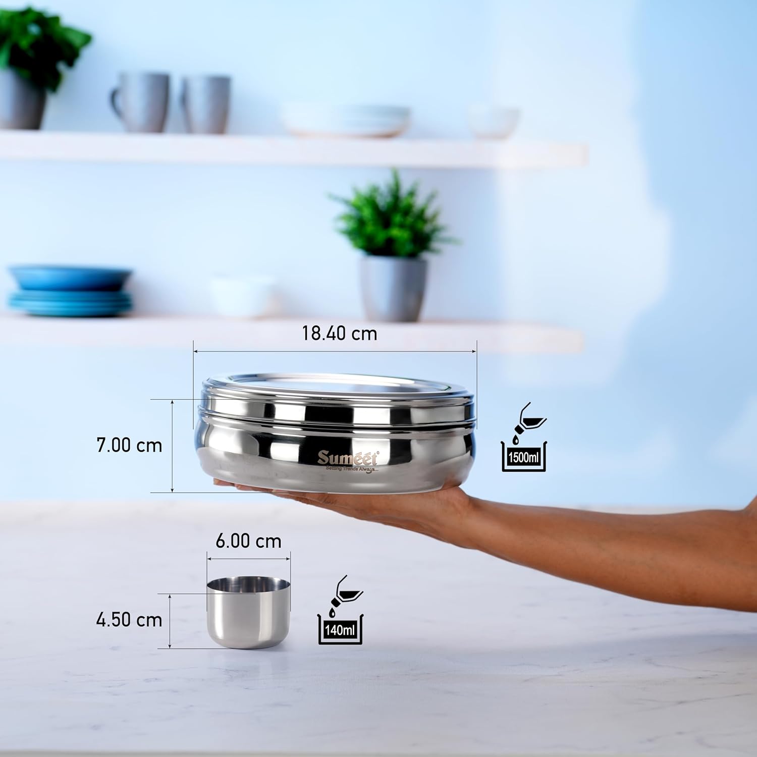 Stainless Steel Belly Shape Masala (Spice) Box/Dabba/Organiser With See Through Lid With 7 Containers And Small Spoon (Medium) Beige