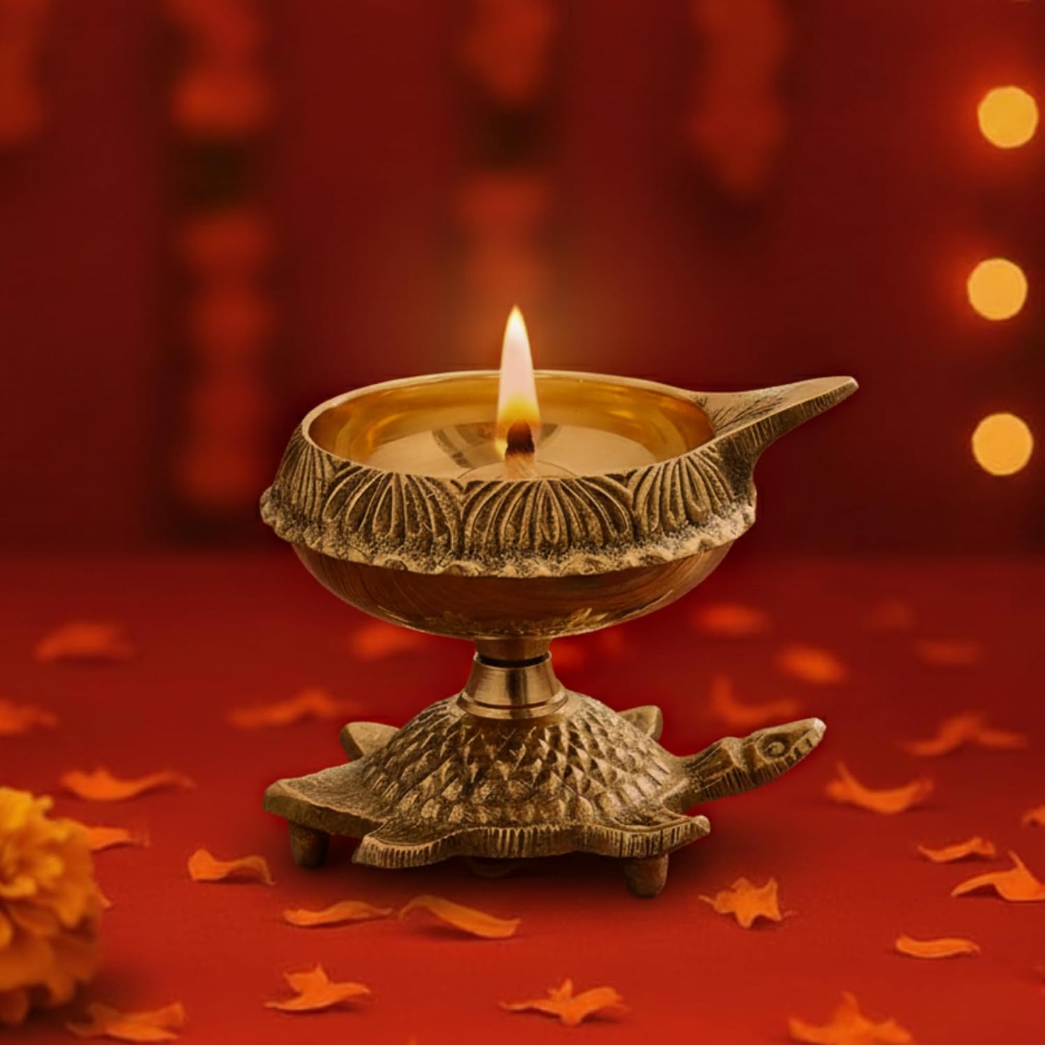 Brass Diya Oil Puja Lamp Engraved Design Dia with Turtle Base for Home Temple Pooja Articles Decor Gifts (1Pcs).