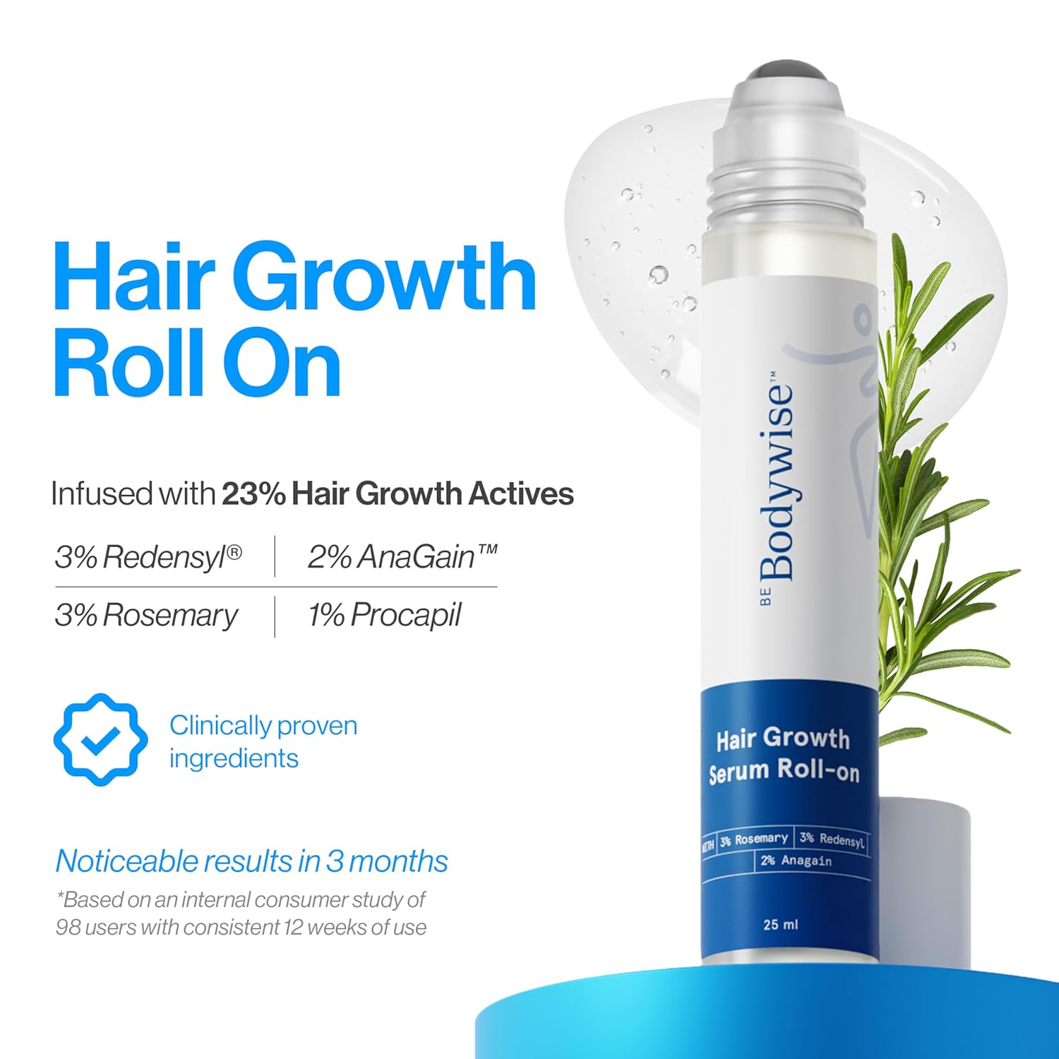 Be Bodywise 3% Redensyl & Rosemary Hair Growth Serum (Roll On) | Pack of 2 |with 2% Anagain | Thicker & Stronger Hair | Prevents Hairfall & Stimulates Hair Follicles | For All Hair Types | 25ml each
