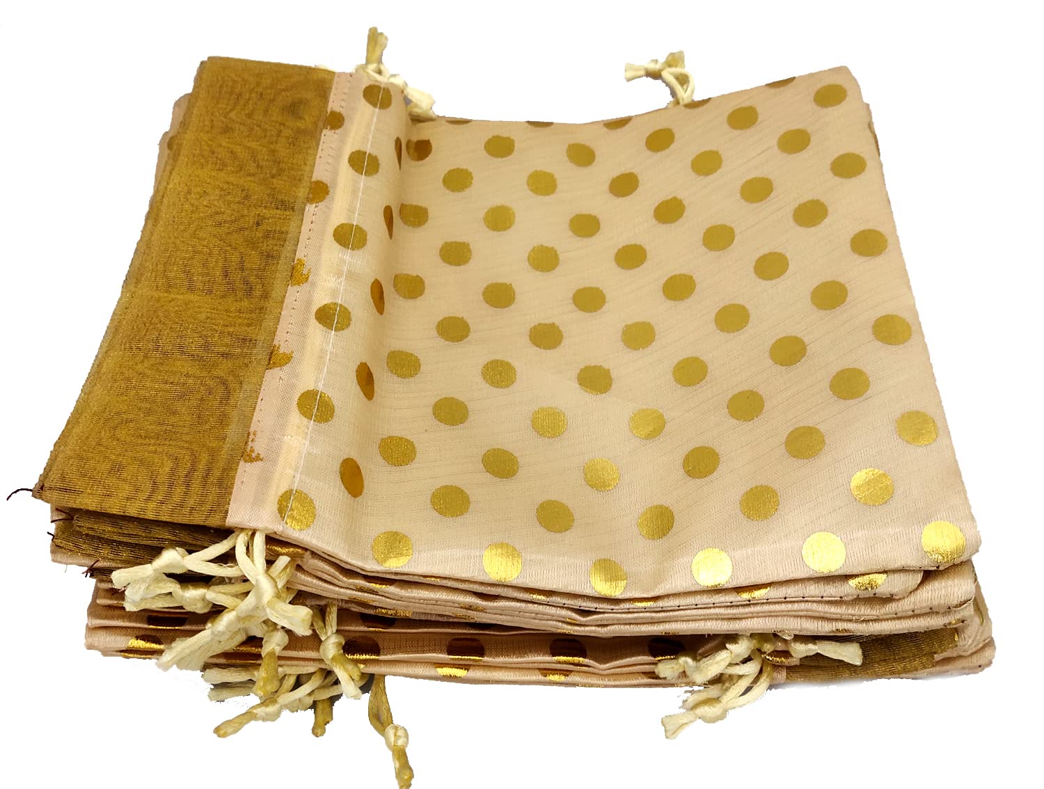Fabric 17Cm X 24Cm Large Polka Dot Drawstring Bags Pouches Potli For Gift Wedding Jewelry Packaging Bridal Favors For Women (10Pc Set, Cream Color With Golden Dot)