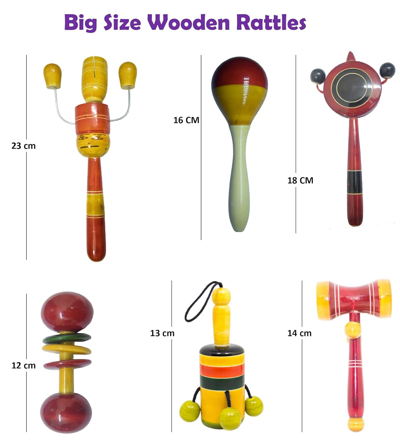 Wooden Baby Rattles Combo Pack Set of 6, Non Toxic Channapatna Toys - Baby Musical Toys, Teether, Natural Colours, Loud Sound for New Born, Baby, Infants.