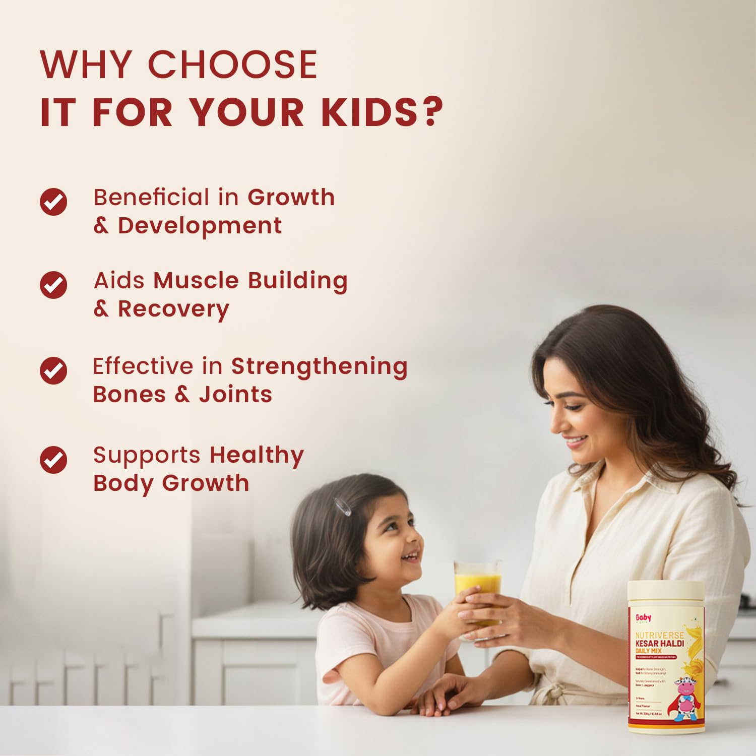 Nutriverse Kesar Haldi Milk Mix for 2+ Year Kids | No Refine Sugar | Supports Healthy Growth & Development | 15+ Ayurvedic Herbs Hadjod, Haldi and Anantmool | High Protein & Vitamins | Kesar Flavor - 300gm