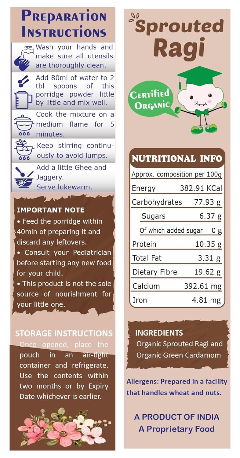 Foods Certified Organic Sprouted Ragi Powder for Babies, kids. Rich in Calcium, Iron, Fibre & Micro-Nutrients. Sprouted Ragi for baby. Sari Nachani Satva. No Sugar, No Salt, No Milk, No Chemicals, No Pesticides. Shelf Life 6 Month | 200g, ONE PACK