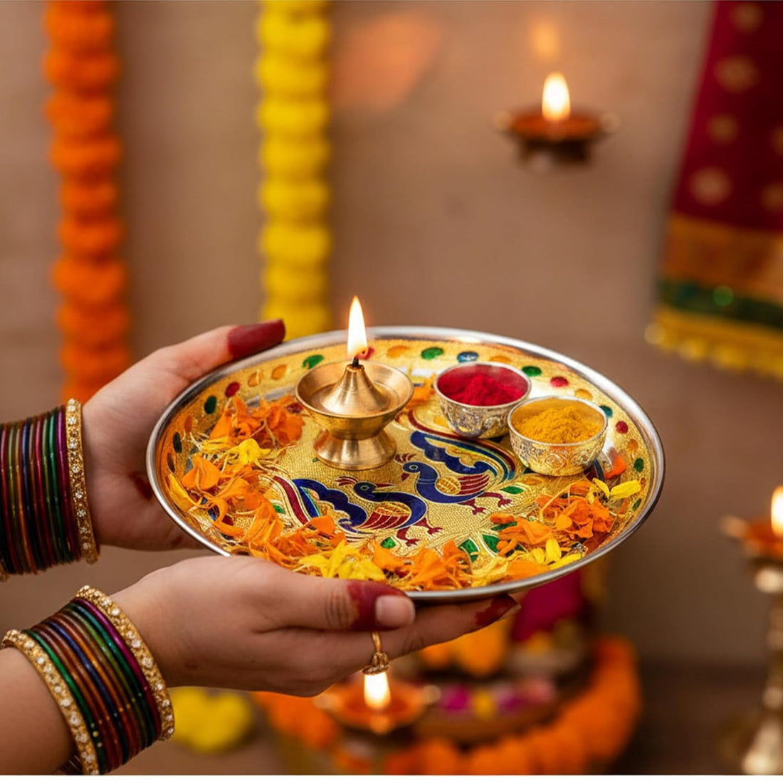 Metal Return Gifts,Stainless Steel Meenakari Pooja Thali(Pack Of 3),Handmade Plate-7 * 7 Inch,Function Return Gift