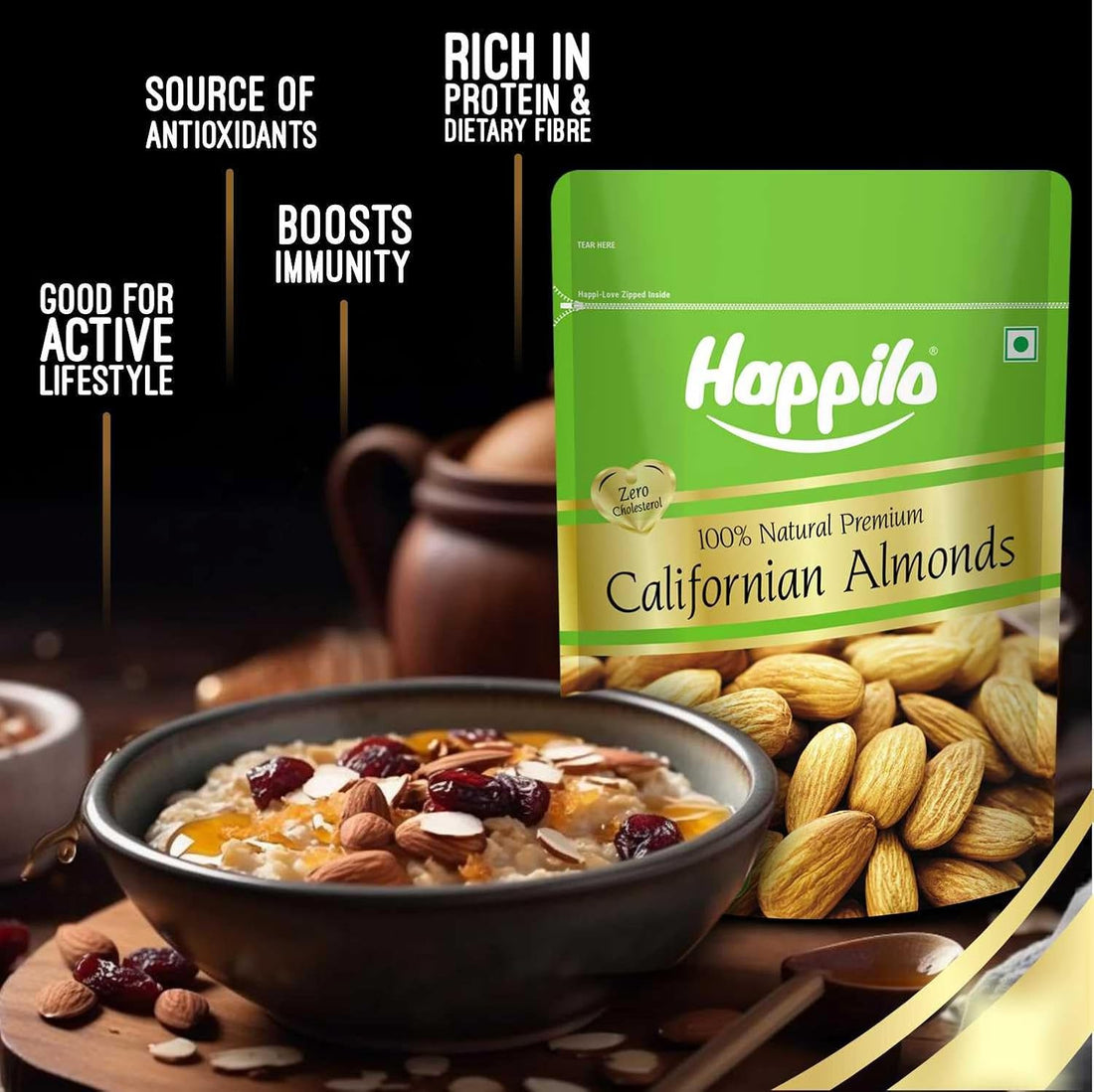 Premium Natural Californian Almonds 500g | Badam Giri, Healthy Snacks, Dry Fruits | Crunchy Nuts | High in Fiber | Rich in Protein | Magnesium | Phosphorus | Dietary Fibre | Zero Cholesterol