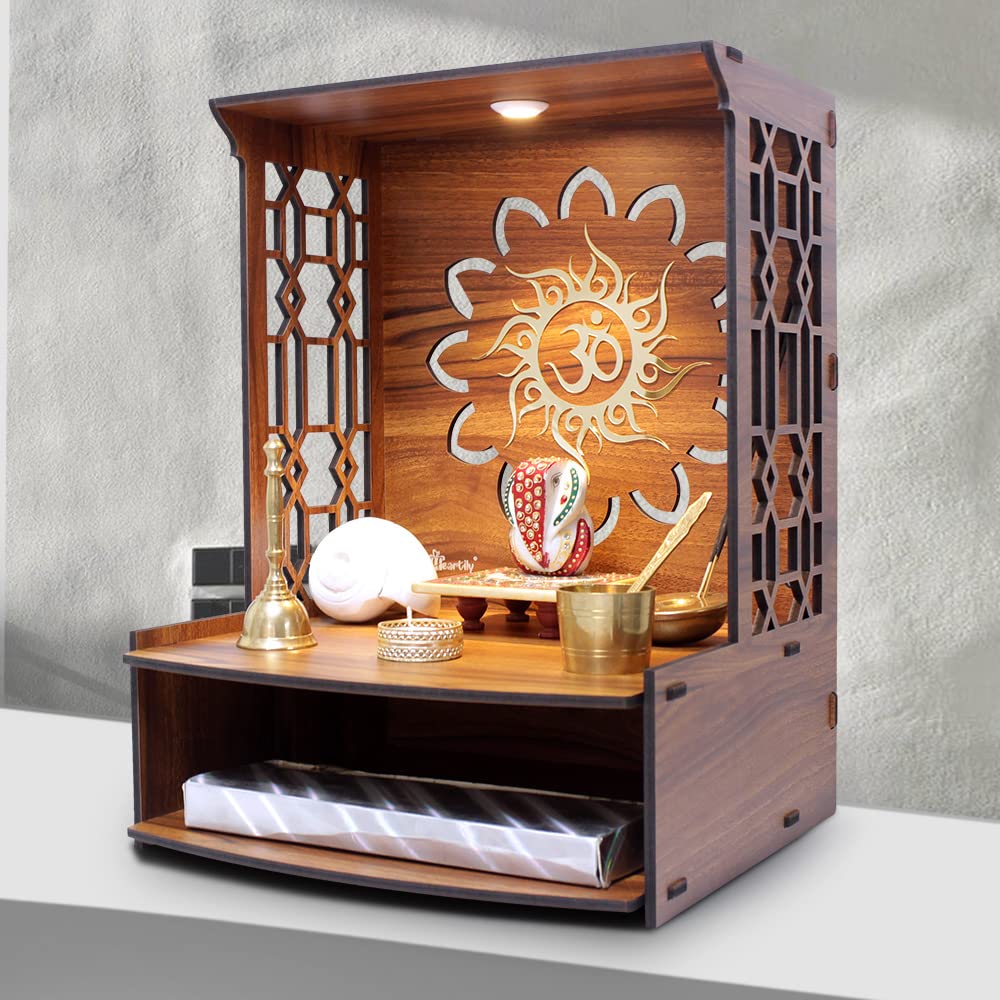 Mangal Beautiful Wooden Pooja Stand for Home, Temple, Office, Wall Mounted Puja Mandir with LED Spot Light, Size (H- 15.5, L- 11.5, W-11 Inch)