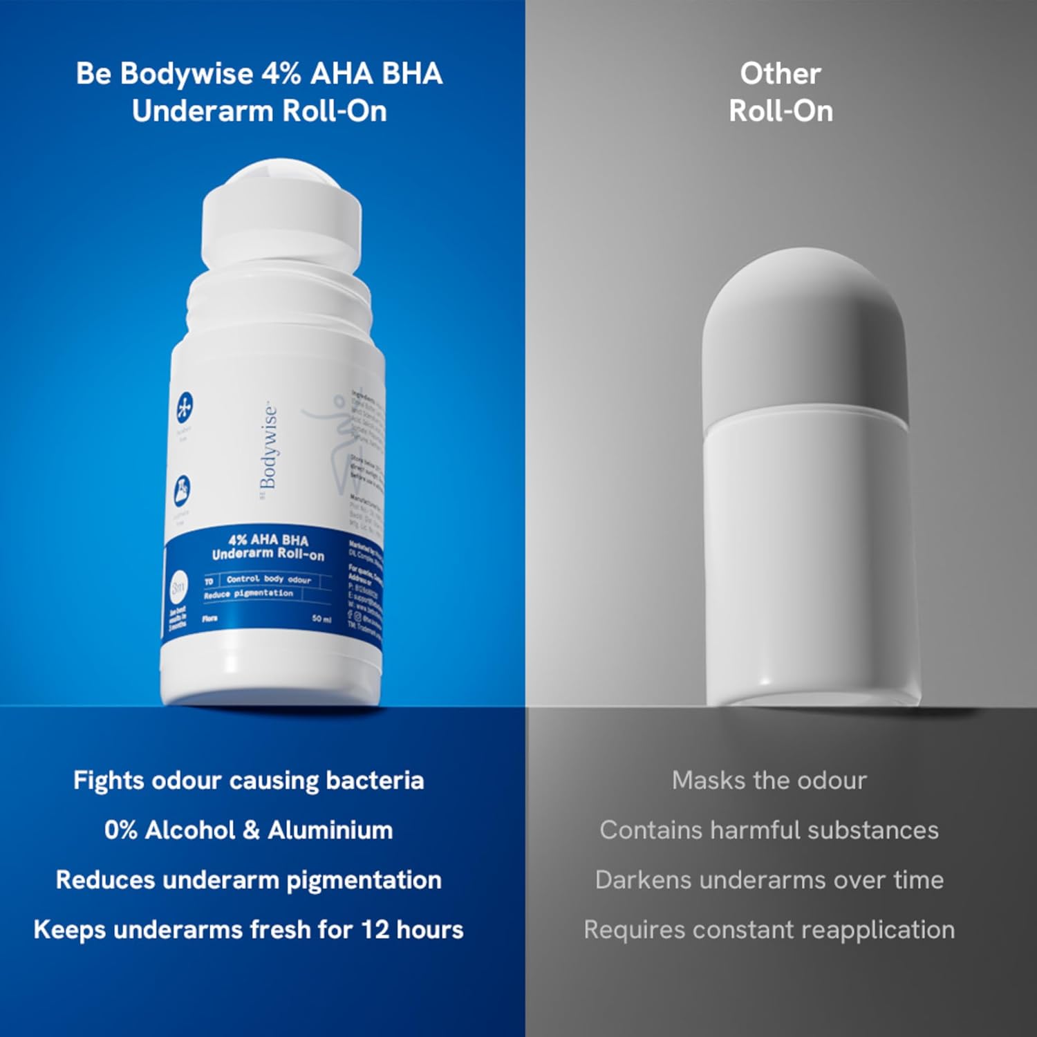 Be Bodywise 4% Aha Bha Underarm Roll On, 2% Lactic, 1% Mandelic and 1% Salicylic Acid, Controls Odour & Reduces Pigmentation, 0% Alcohol & 0% Aluminium, Flora Fragrance, 50ml