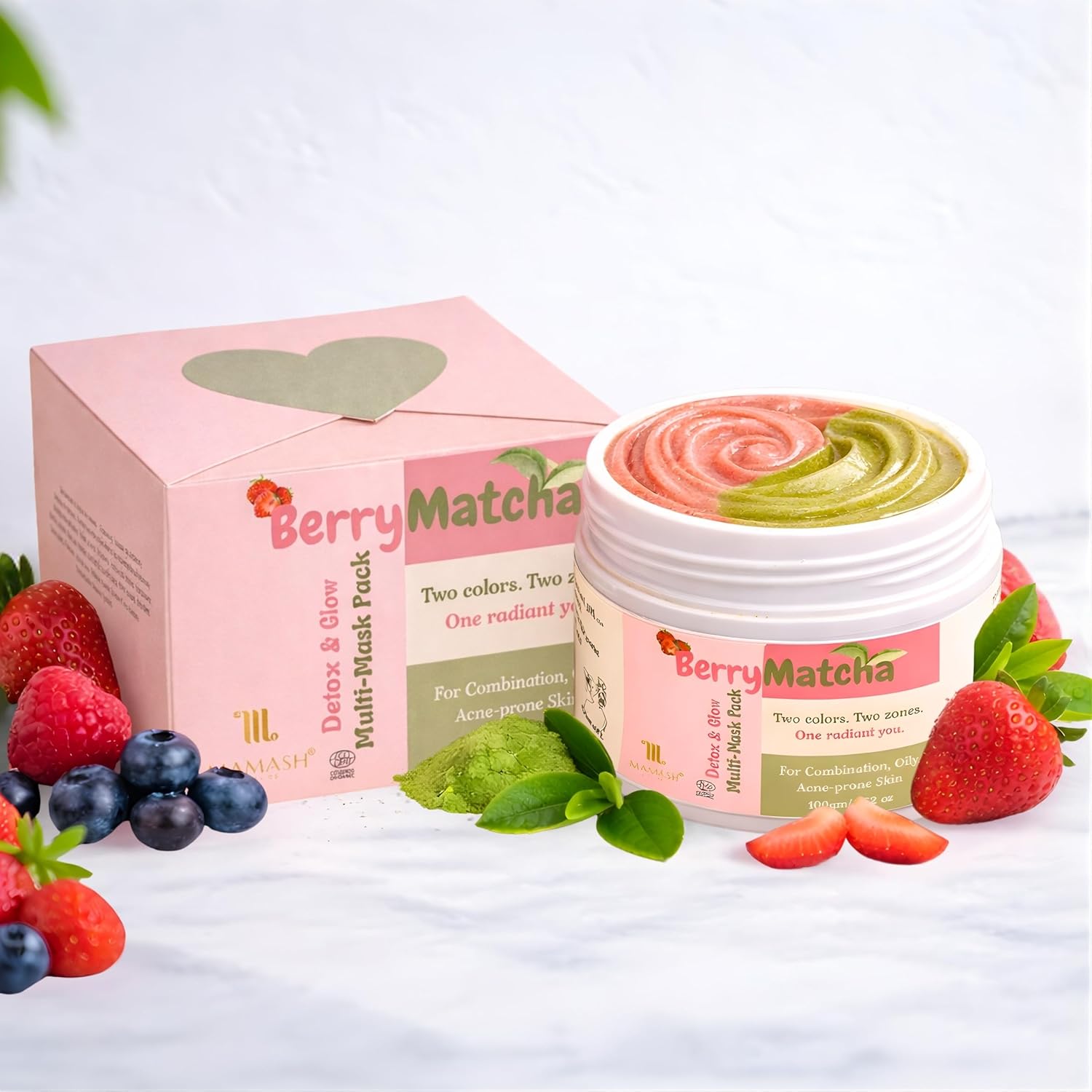 Organics BerryMatcha Detox & Glow Multi-Mask | 2-in-1 Face Pack for Oily & Dry Zones | Matcha + Strawberry | Pore Detox, Hydration & Brightening | Ayurvedic, Teen & Pregnancy-Safe - 100g