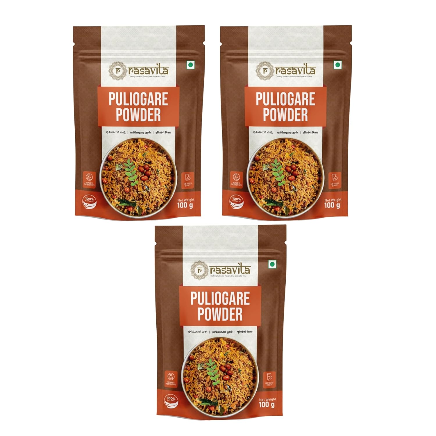 Puliyogare Powder | Tamarind Rice Masala | South Indian Spice Mix | Natural Ingredients | No Preservatives, No Artificial Colours | 100g Pack Of 3 FBA