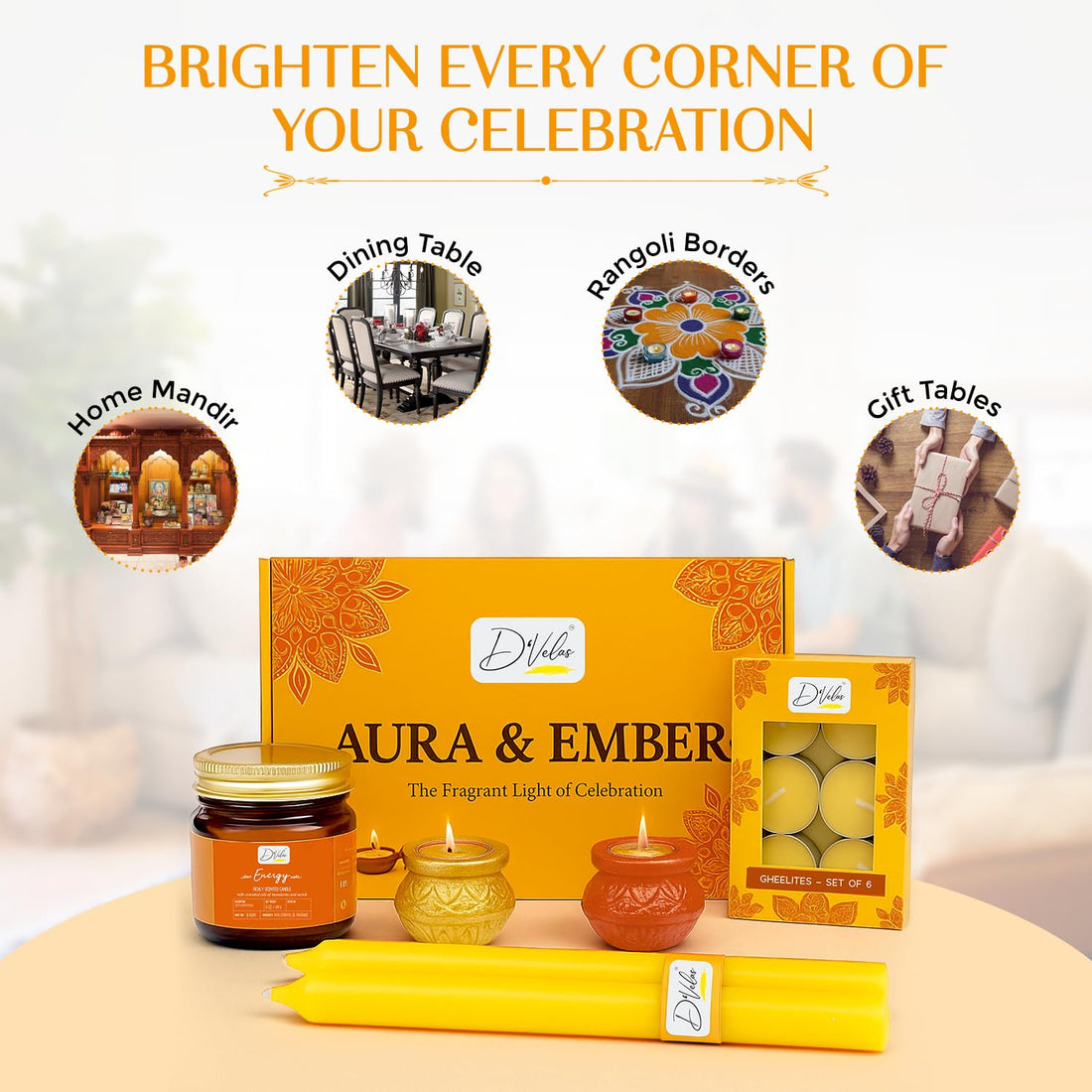 Gift Box – Aromatherapy Candle, Scented Diyas, Cow Ghee Tealights & Colored Stick Candles | Luxury Holiday Hamper for Home Decor, Festive Celebration & Gifting