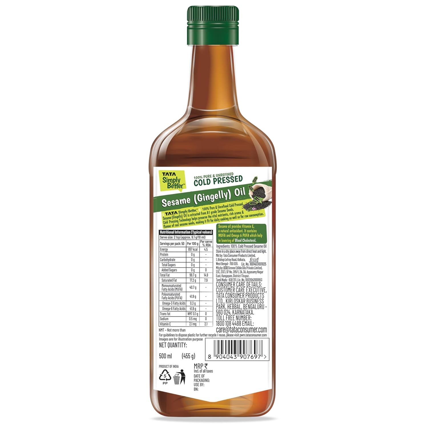 Tata Simply Better Pure & Unrefined Cold Pressed Sesame(Gingelly)Oil,Naturally Cholesterol Free,500ml,Sesame Oil with Rich Aroma & Flavour of Real SesameSeeds,For Daily Cooking with Multipurpose Usage