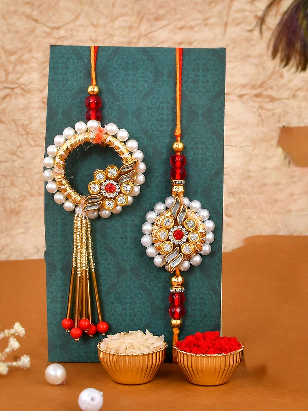 Rakhi Gift Combo for Brother Bhaiya and Bhabhi | Bhai Bhabhi Couple Rakhis Set of 2 | Rakhi with Premium Krishna Idol Gift for Brother | Kundan Lumba rakhis for Bhai Kids Women Girls