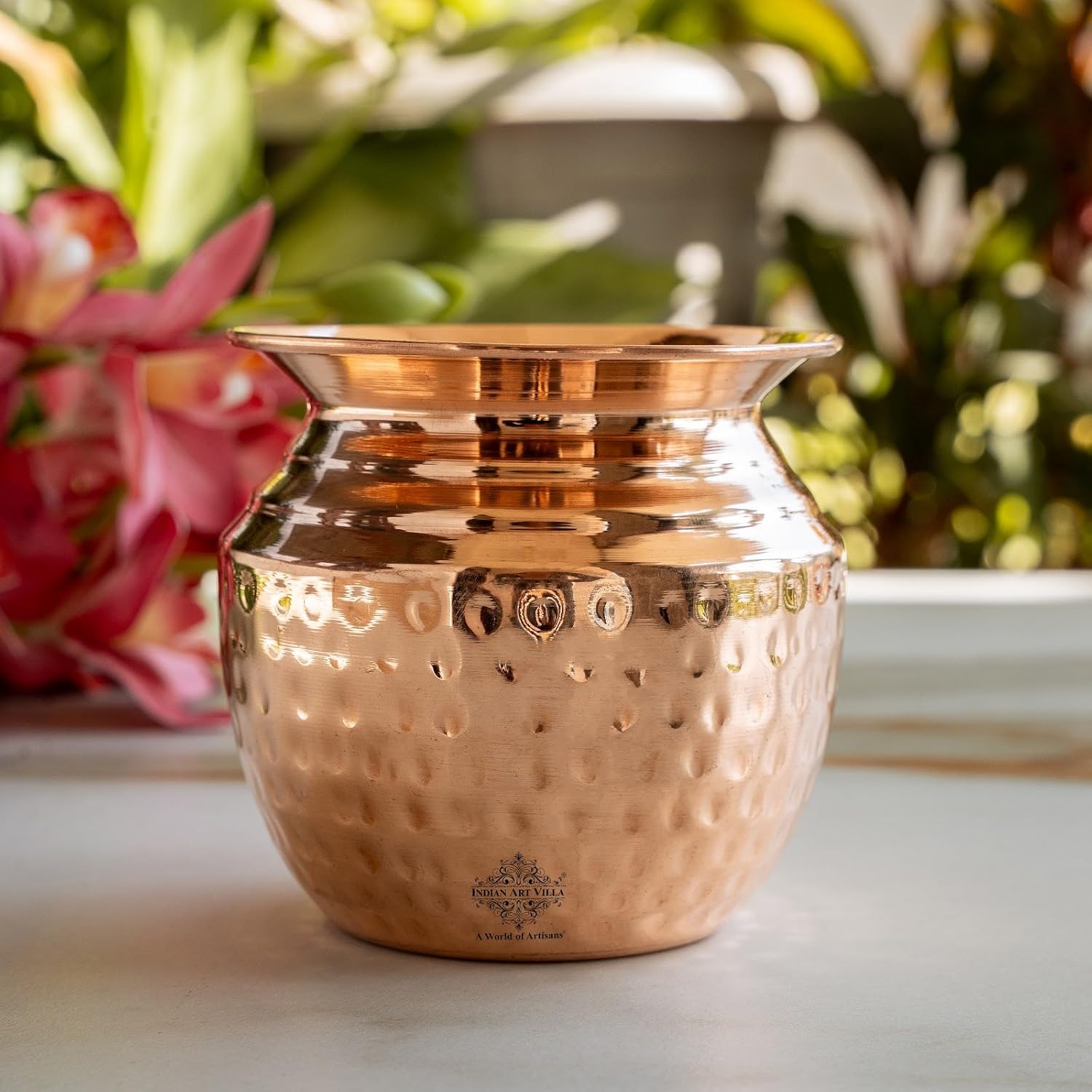 Pure Copper Pooja Kalash Lota with Om, Swastik & Shree Embossed with Stitched Neck Design, for Poojan Worship Temple Home, Volume- 480 ML