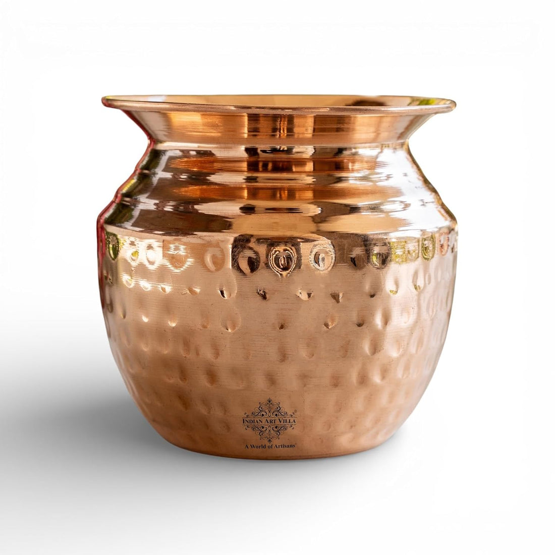 Pure Copper Pooja Kalash Lota with Om, Swastik & Shree Embossed with Stitched Neck Design, for Poojan Worship Temple Home, Volume- 480 ML